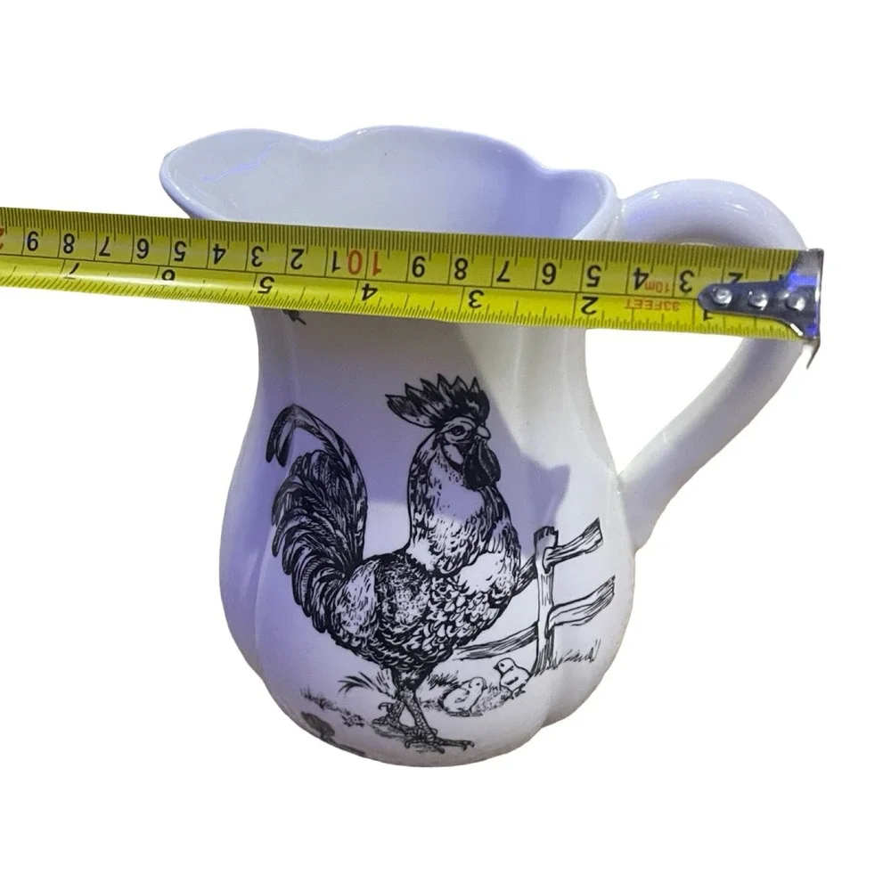 J. Willfred Farmhouse Ceramic Pitcher Cow and Rooster White Black Toile 9 Inch